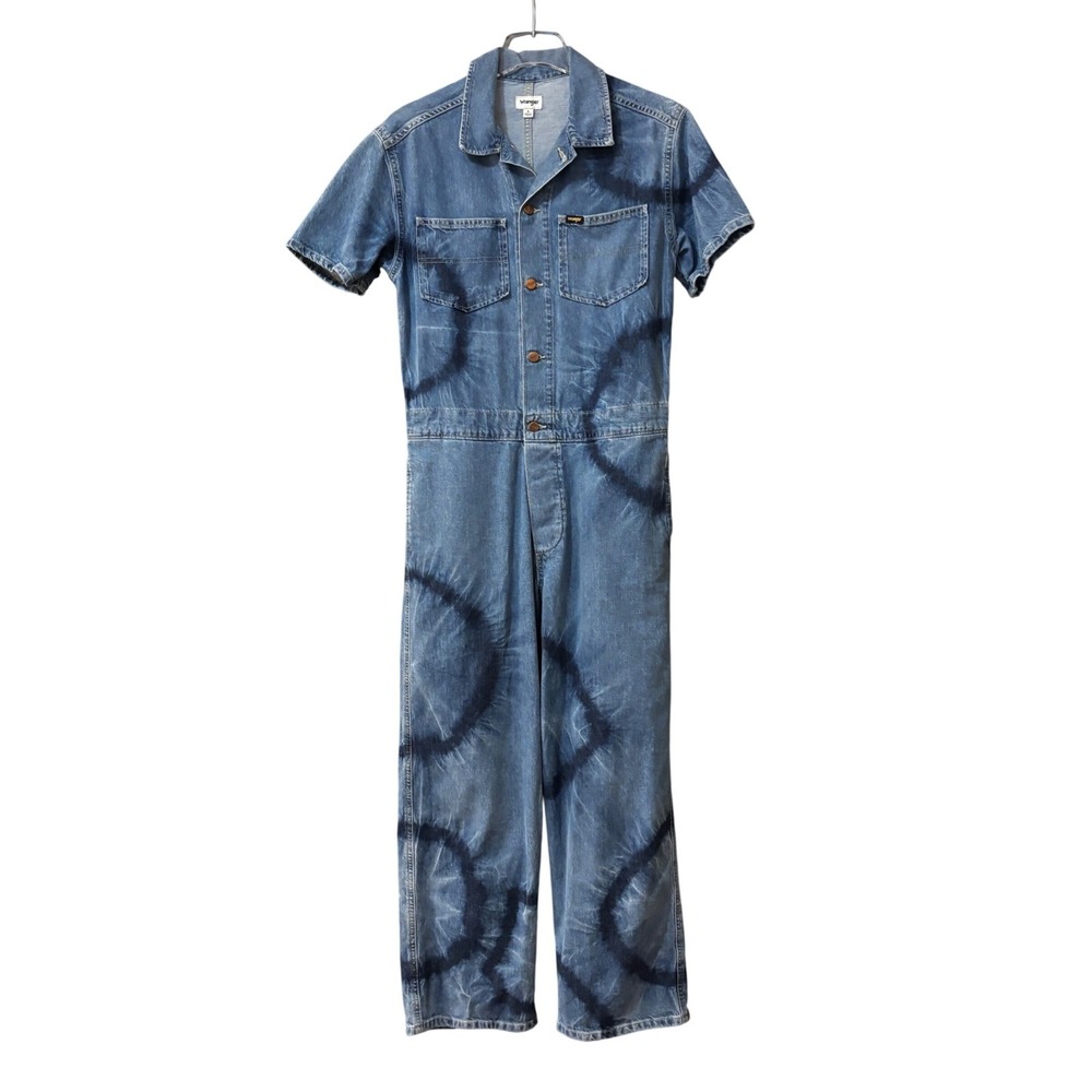 Wrangler Denim Jumpsuit Womens S Blue Tie Dye Circle Wide Leg Utility Western - Picture 2 of 12